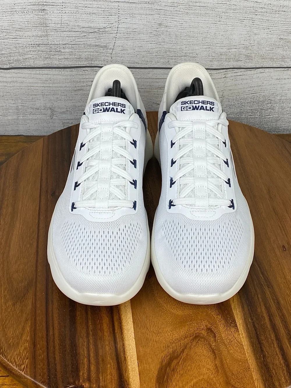 Skechers Slip Ins Go Walk Massage Fit White Navy Comfort Shoes Men’s Size 8.5